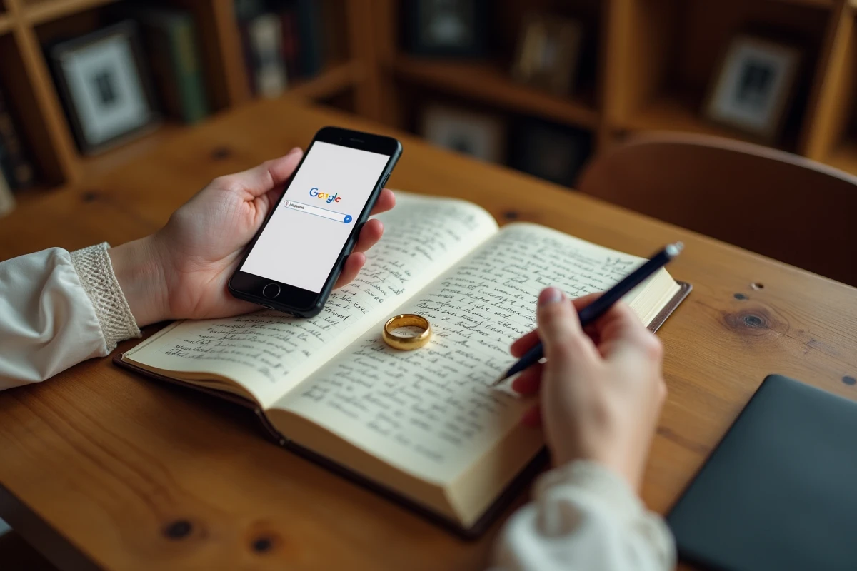 Détail d'une alliance dorée posée près d'un smartphone avec une recherche Google visible, carnet de notes manuscrites sur une table en bois vintage