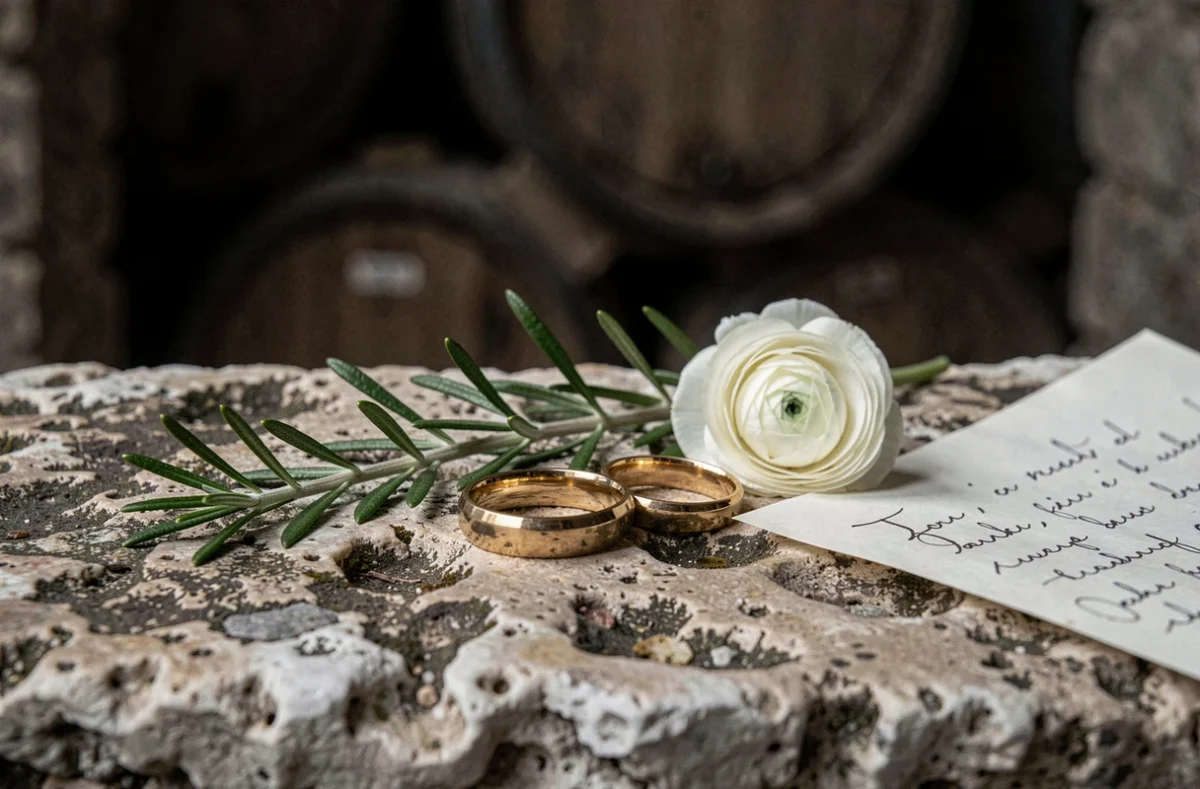 Détail des alliances de mariage sur pierre calcaire ancienne dans une cave à vin de Provence, décoration raffinée avec romarin et fleur blanche