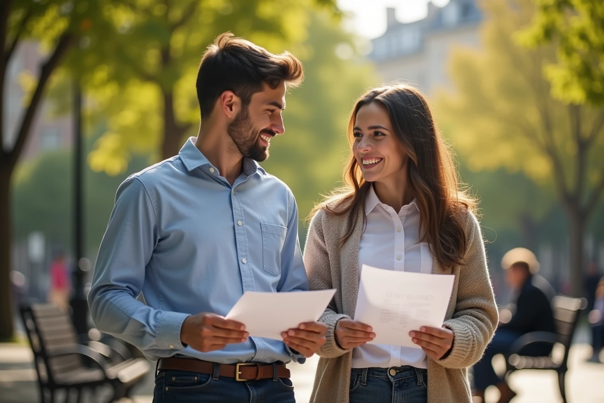 Deux amis discutant avec des papiers dans un parc ensoleille