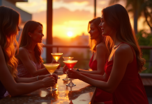 Amis en soirée élégante dégustant des cocktails en extérieur au coucher du soleil
