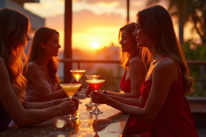 Amis en soirée élégante dégustant des cocktails en extérieur au coucher du soleil