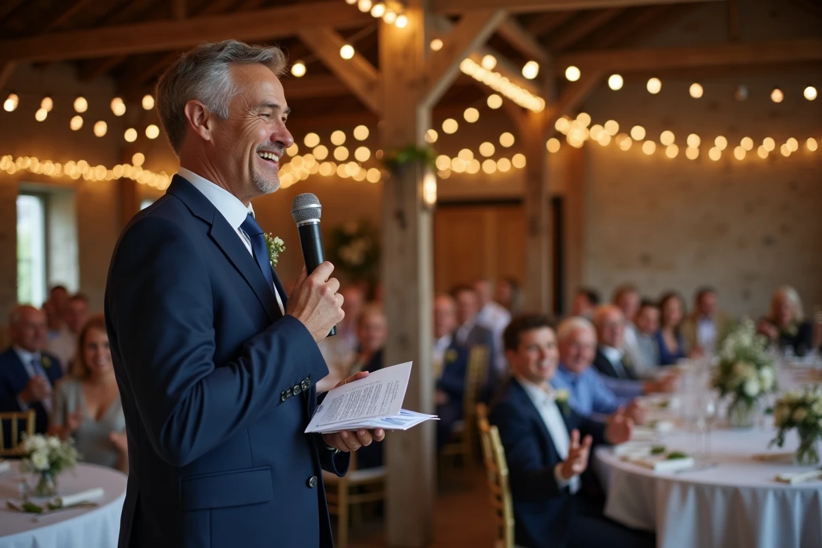 Animateur de mariage souriant tenant un microphone et des cartes de jeu face à une salle de réception remplie d'invités enthousiastes levant la main