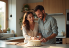 Couple heureux fêtant leur anniversaire de mariage à la maison