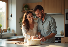 Couple heureux fêtant leur anniversaire de mariage à la maison