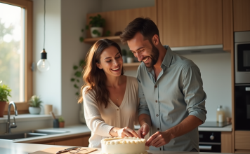 Couple heureux fêtant leur anniversaire de mariage à la maison