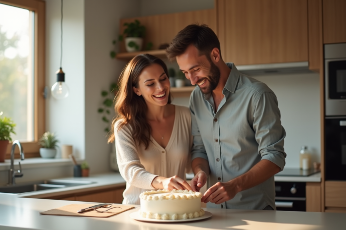 Couple heureux fêtant leur anniversaire de mariage à la maison