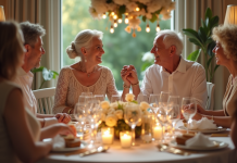 Couple âgé souriant lors de leur anniversaire de mariage