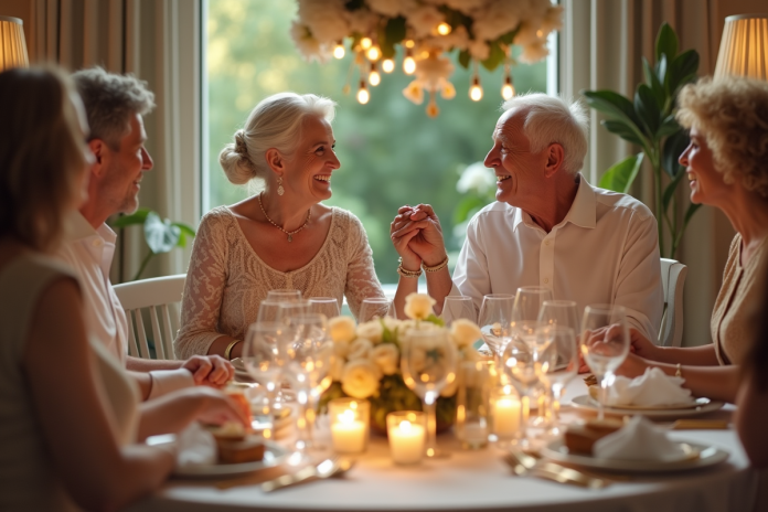 Couple âgé souriant lors de leur anniversaire de mariage