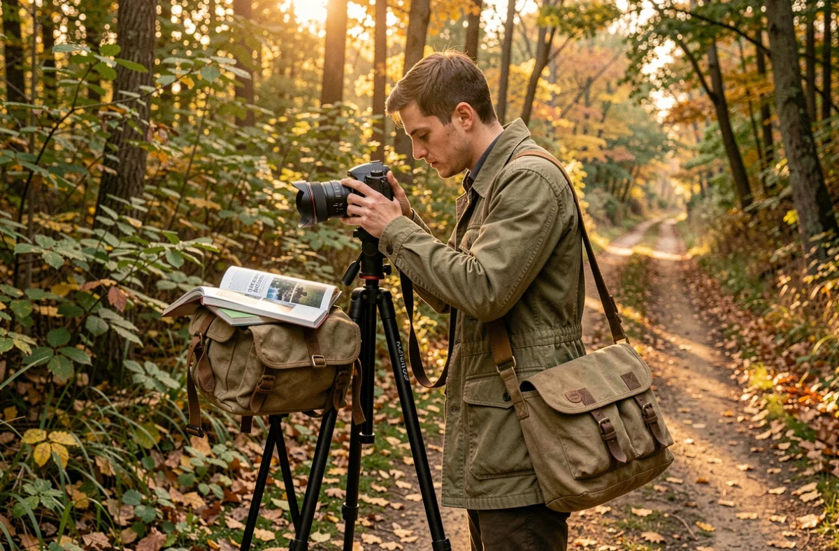 Apprenti photographe en extérieur réglant son appareil sur trépied dans un sentier forestier avec guide pratique de photographie