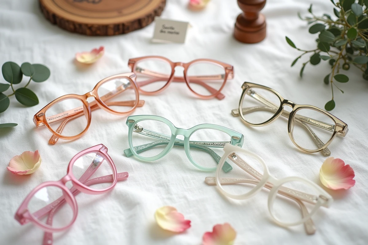 Assortiment de lunettes coeur pastel et dorées disposées en flat lay pour décoration de mariage