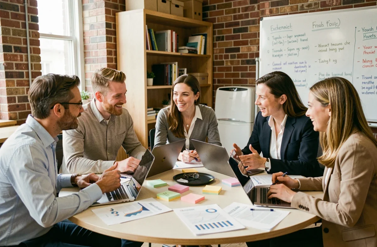 Groupe de professionnels en atelier collaboratif lors d'un séminaire d'entreprise, travaillant ensemble autour d'une table avec documents et ordinateurs portables
