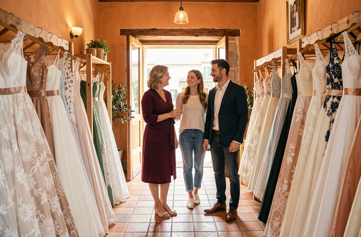 Accueil chaleureux d'un couple par une assistante dans la boutique Au Bonheur des Mariés à Béziers