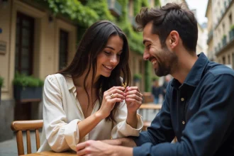 Couple au café offrant une bague pour un PACS dans une cour parisienne