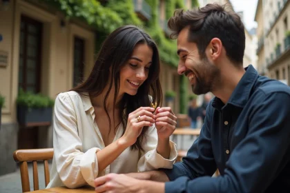 Couple au café offrant une bague pour un PACS dans une cour parisienne