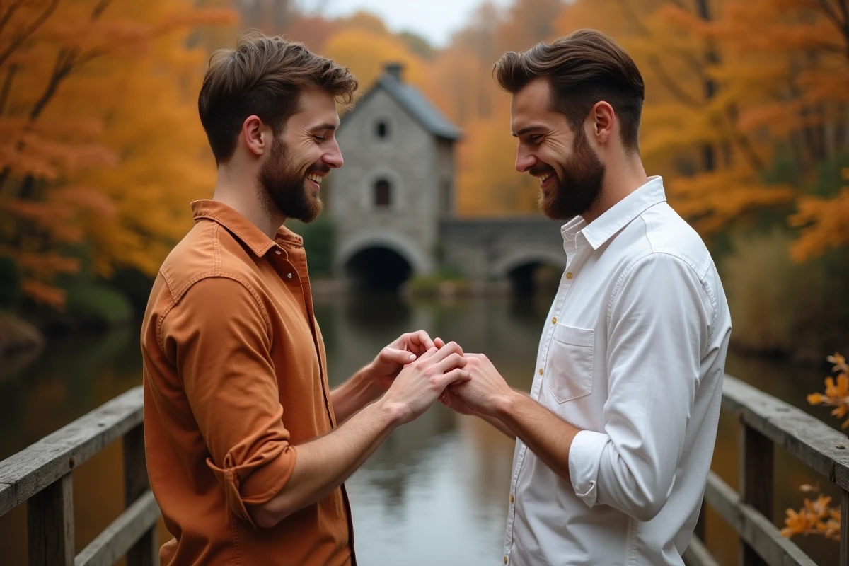 Deux hommes échangeant une bague sur un pont en bois en automne pour célébrer leur PACS