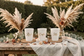 Bar à cocktails de mariage bohème chic avec eco cups personnalisés gravés sur une table en bois rustique décorée de pampa et de fleurs séchées