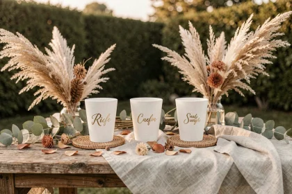 Bar à cocktails de mariage bohème chic avec eco cups personnalisés gravés sur une table en bois rustique décorée de pampa et de fleurs séchées
