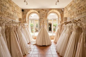 Intérieur d'une boutique de robes de mariée en Occitanie avec plusieurs robes exposées sur des mannequins dans un cadre à l'architecture méridionale