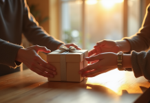 Main d'un couple échangeant un cadeau sur une table ensoleillée