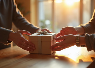 Main d'un couple échangeant un cadeau sur une table ensoleillée
