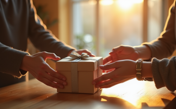 Main d'un couple échangeant un cadeau sur une table ensoleillée