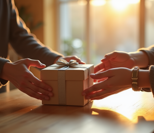 Main d'un couple échangeant un cadeau sur une table ensoleillée