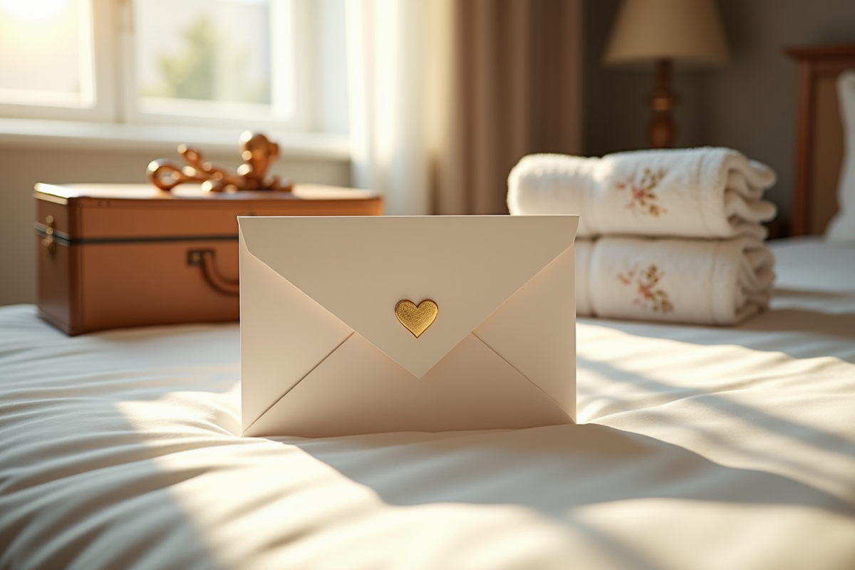 Enveloppe cadeau lune de miel sur le lit avec serviettes brodees