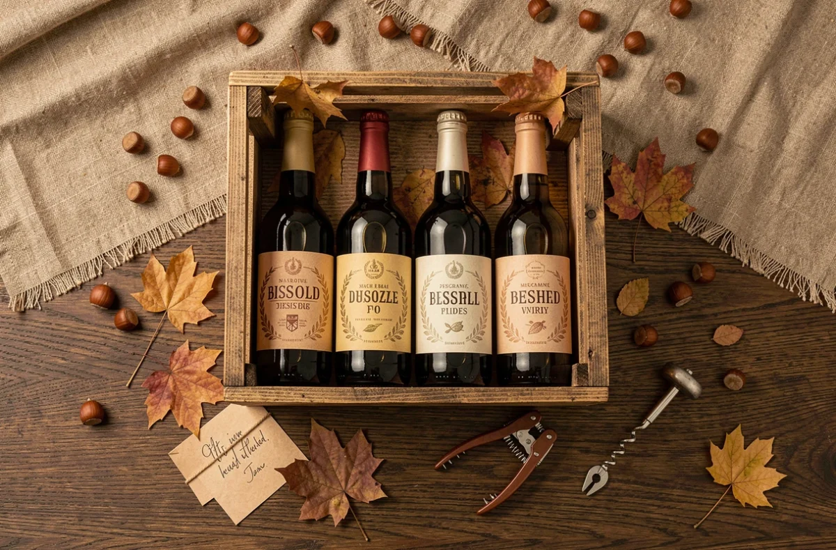 Caisse en bois contenant des bouteilles de vin et des bières artisanales décorées de feuilles d'automne et d'une carte cadeau manuscrite sur une table en chêne