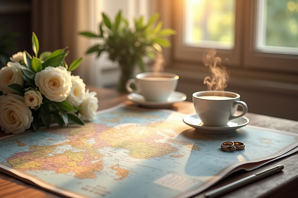 Calendrier de voyage et carte ouverte sur table en bois