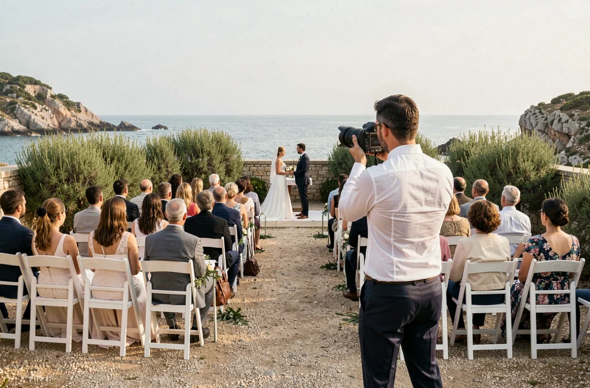 Photographe de mariage capturant discrètement une cérémonie en plein air avec vue sur le littoral varois près de Toulon