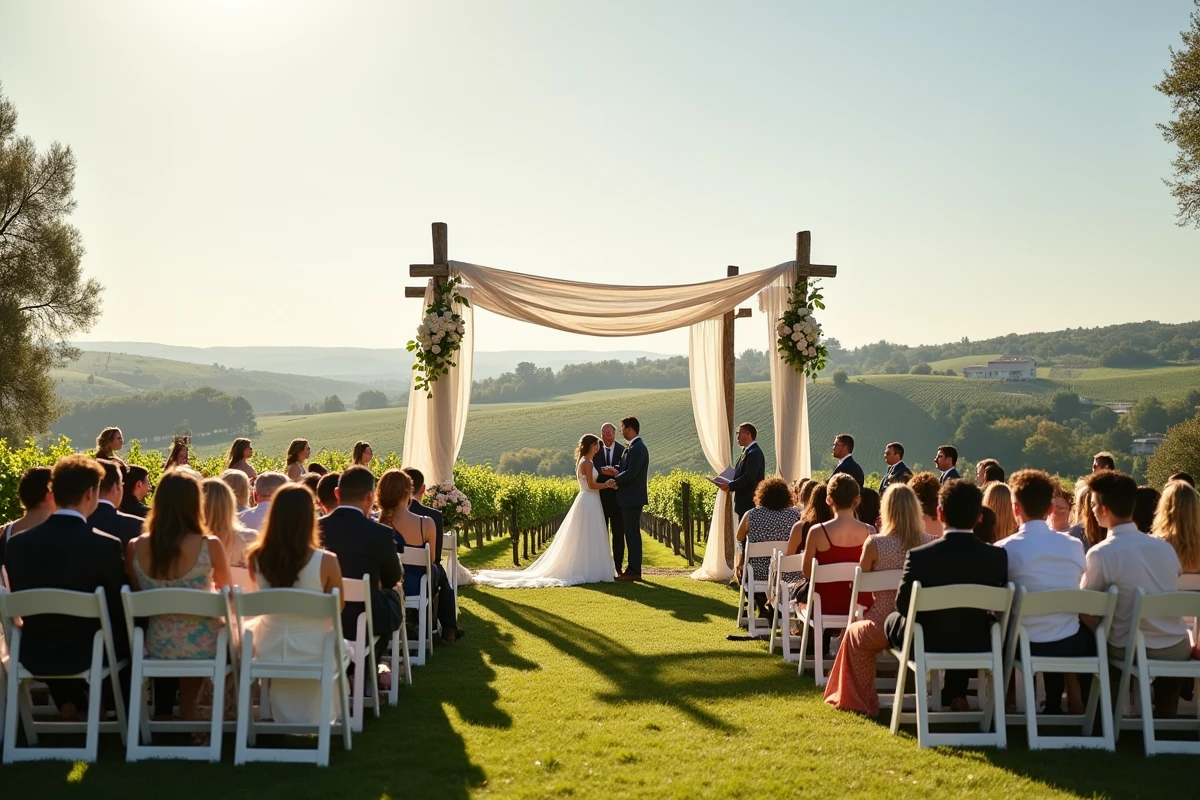 Cérémonie de mariage en plein air sous un auvent en lin dans un vignoble de Gironde avec vue sur Bordeaux en arrière-plan