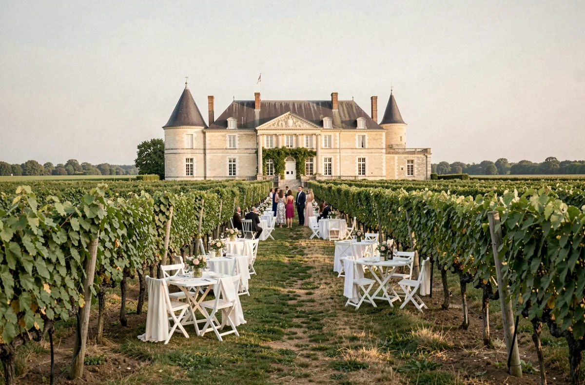 Cocktail de mariage en plein air devant le Château Changeux entouré des rangées de vignes du vignoble angevin sous un ciel doux
