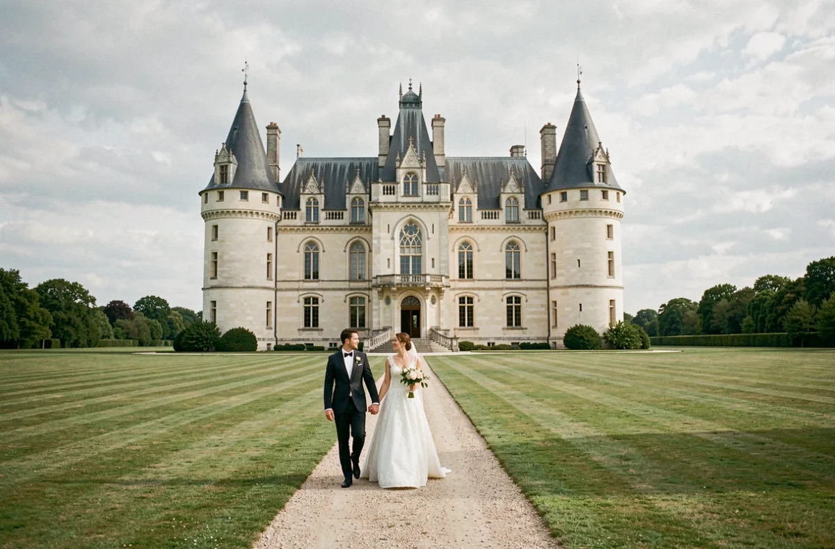 Couple de mariés devant la façade néo-gothique imposante du Château de Challain en Maine-et-Loire, entouré de vastes jardins verdoyants