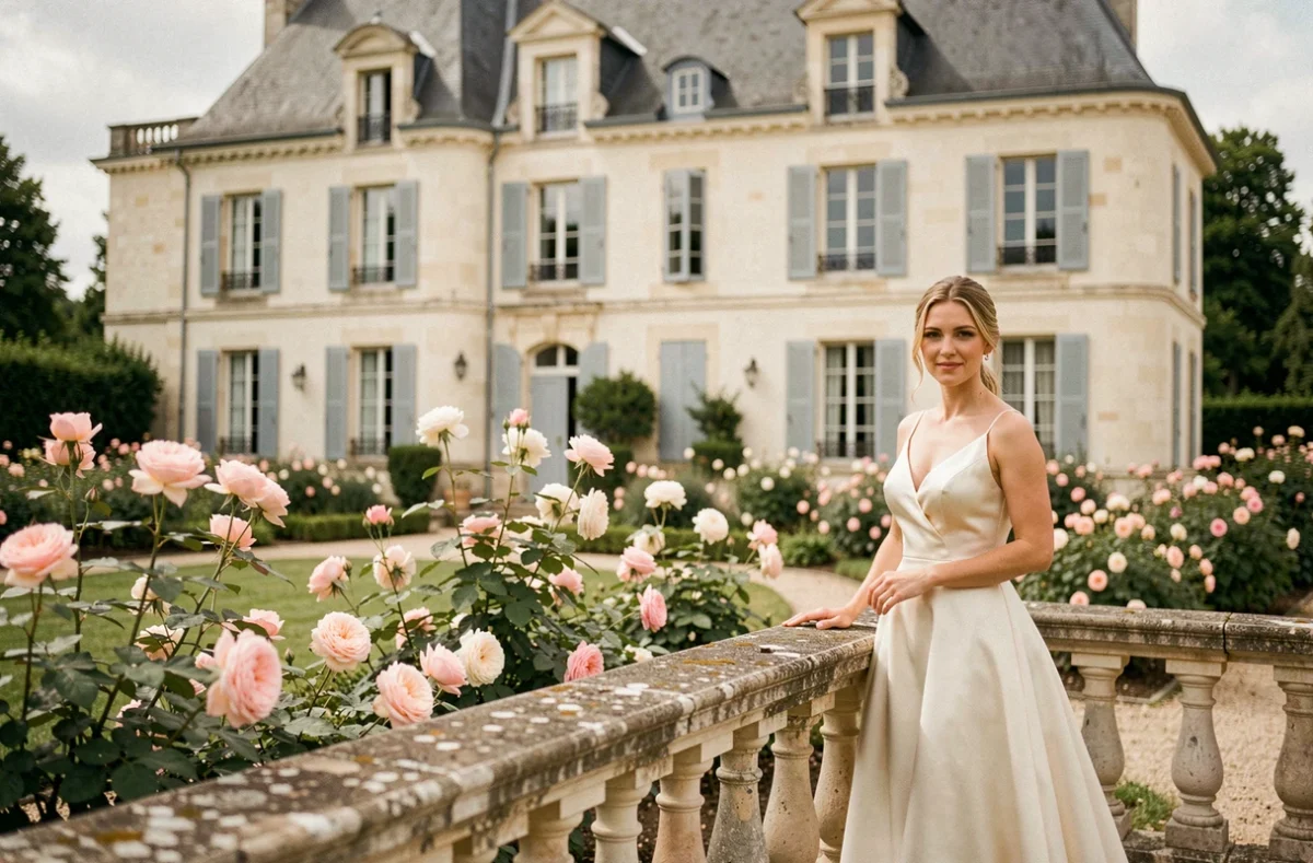 Mariée en robe ivoire dans le jardin fleuri du Château de Jalesnes en Saumurois, avec la façade en tuffeau et les volets bleus en arrière-plan
