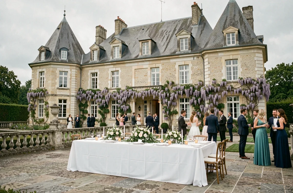 Réception de mariage en plein air sur la terrasse du Château de la Barbinière en Sarthe, avec tables dressées et façade élégante en arrière-plan
