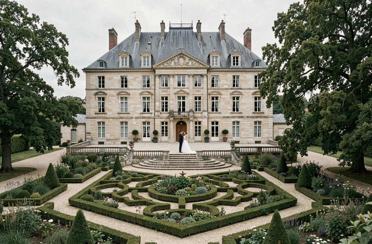 Couple de mariés sur la terrasse du Château de la Colaissière en Loire-Atlantique, dominant le jardin à la française avec ses parterres géométriques