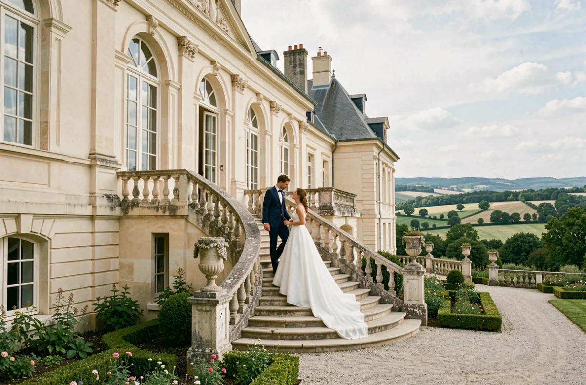 Couple de mariés descendant le grand escalier en pierre du Château de Rochecotte en Touraine ligérienne, avec la façade néoclassique et la vue sur la vallée