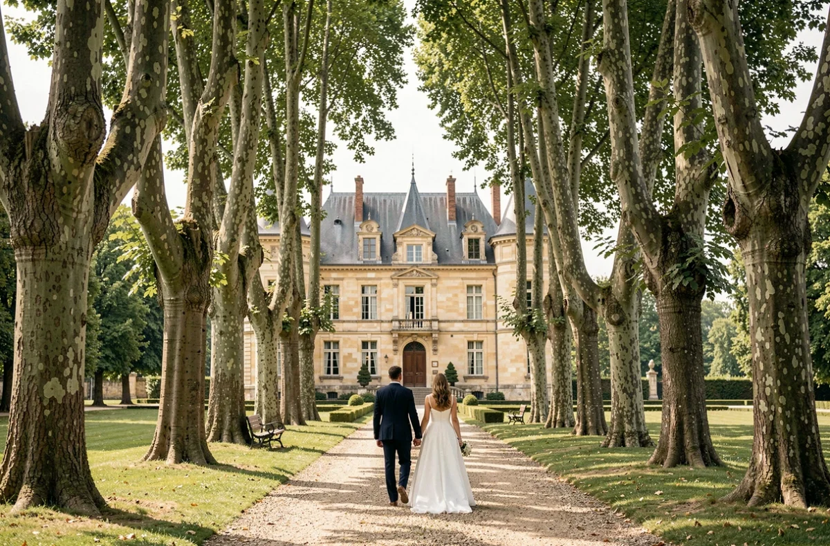 Couple de mariés de dos, main dans la main, se dirigeant vers le Château du Parc Saint Lambert en Maine-et-Loire le long d'une allée d'arbres centenaires