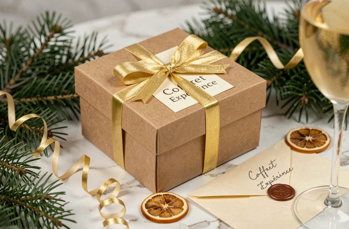 Coffret cadeau expérience élégamment emballé sur un marbre entouré de décoration de Noël, branches de pin, ruban doré et enveloppe manuscrite cachetée