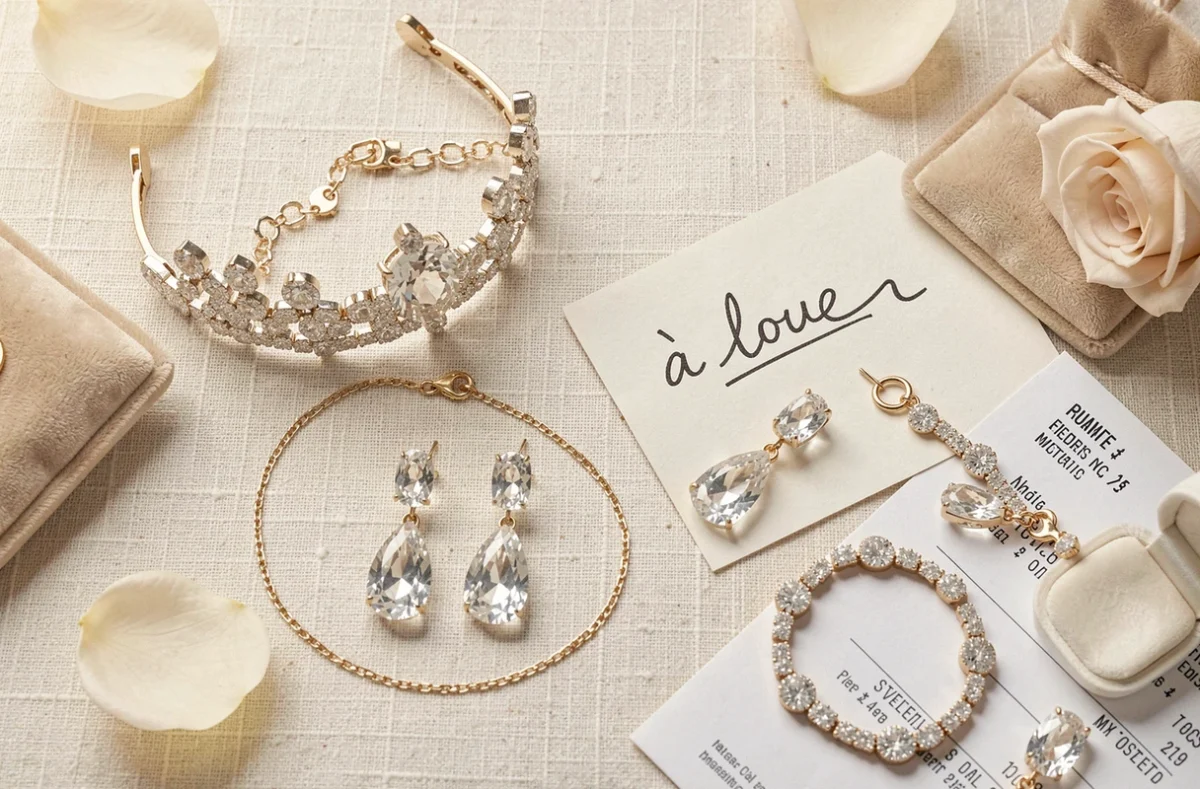 Comparaison bijoux de mariée à louer ou acheter, tiare, bracelet et boucles d'oreilles en cristal sur fond lin