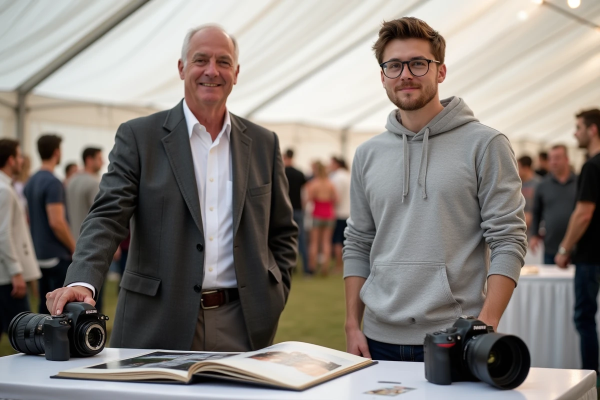 Comparaison entre un photographe de mariage professionnel et un prestataire low-cost lors d'un salon du mariage, mettant en évidence la différence de qualité
