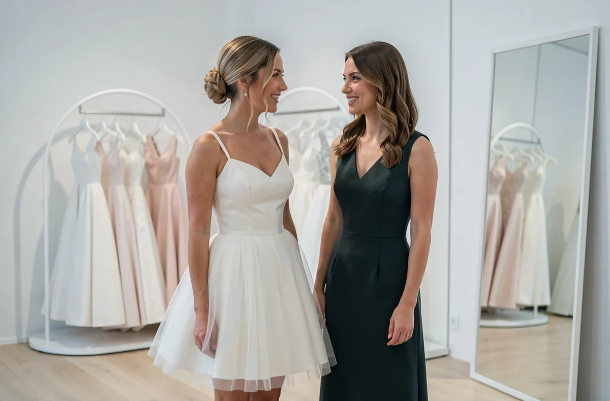Deux mariées en boutique comparant une robe courte en tulle et une robe longue colonne, ambiance boutique minimaliste moderne