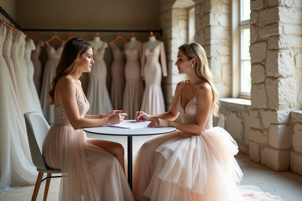 Deux femmes consultant un contrat de location de robe de mariée dans un showroom de Strasbourg