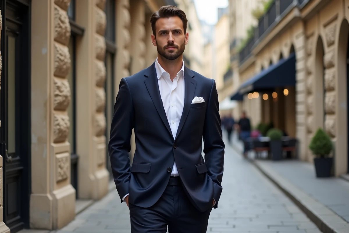 Homme en costume bleu marine de location posant dans une rue haussmannienne parisienne pour un mariage chic