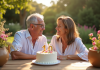Couple mature souriant lors d'un anniversaire dans un jardin