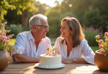 Couple mature souriant lors d'un anniversaire dans un jardin