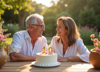 Histoire et signification des 10 ans de mariage Couple mature souriant lors d'un anniversaire dans un jardin