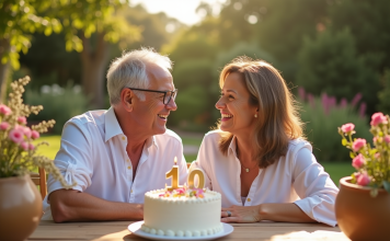 Couple mature souriant lors d'un anniversaire dans un jardin