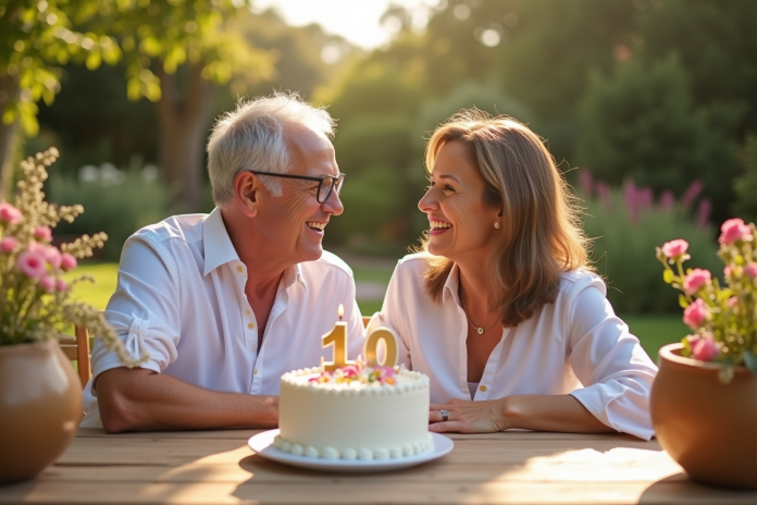 Couple mature souriant lors d'un anniversaire dans un jardin