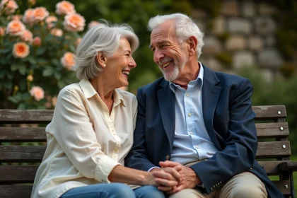 Couple de septuagénaires riant ensemble dans un jardin lors de leur anniversaire de mariage de 50 ans
